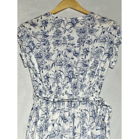 Monteau Linen Blend Faux Wrap Dress Small White Blue Floral Flutter Sleeve Tie - Picture 4 of 12